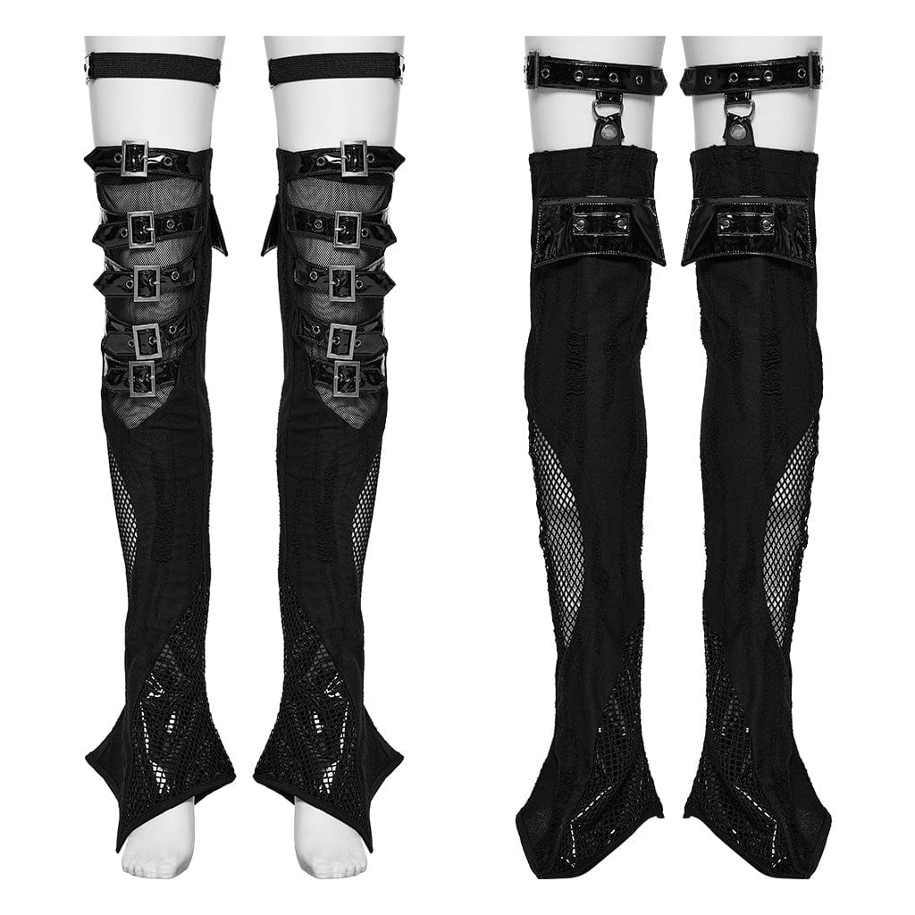 PUNK RAVE Women's Punk Irregular Mesh Splice Buckle Leg Warmer with Garter