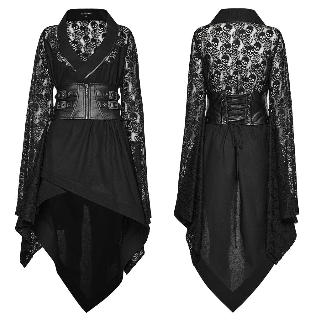 PUNK RAVE Women's Punk Lace Buckle Irregular Long Sleeved Dress