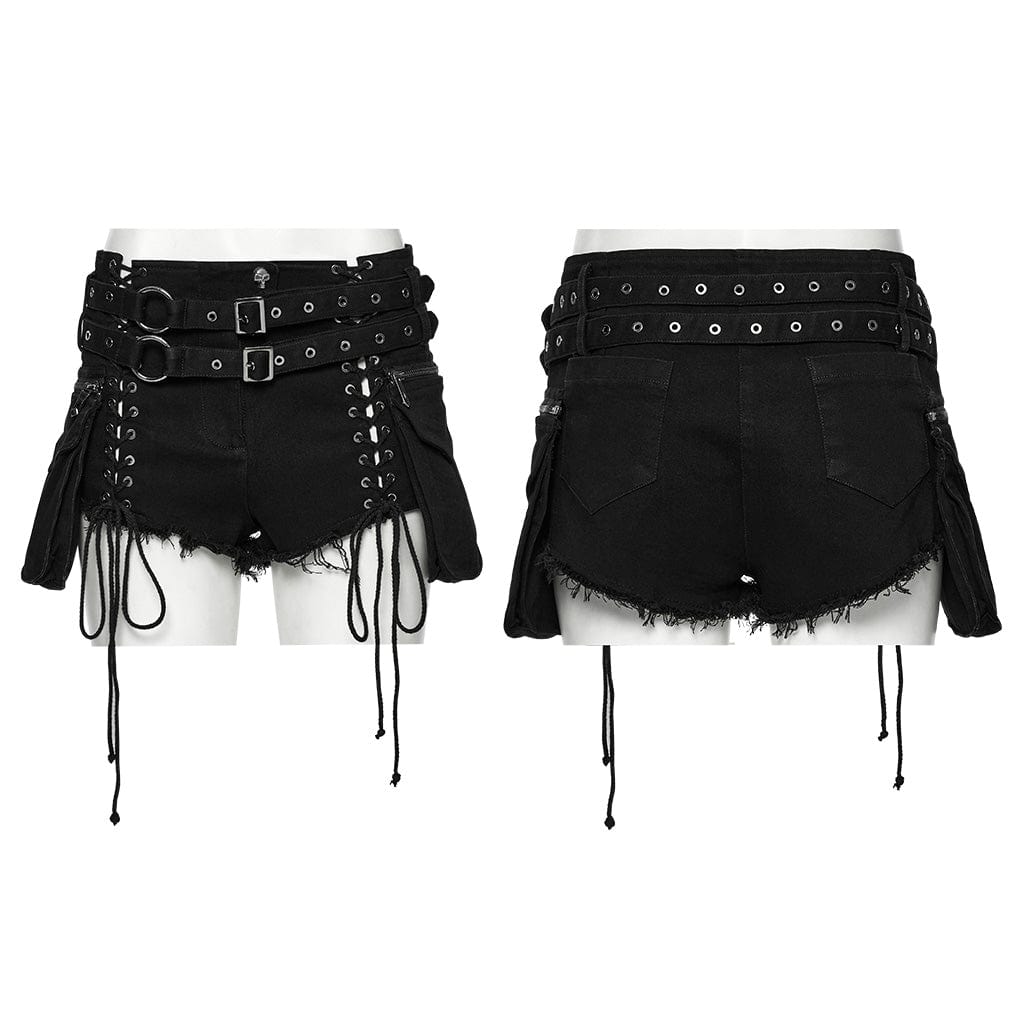 PUNK RAVE Women's Punk Lace-up Denim Shorts with Detachable Pocket