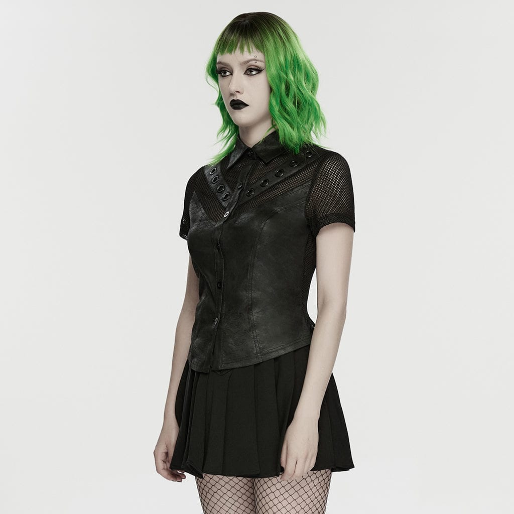 PUNK RAVE Women's Punk Lace-up Eyelet Mesh Short Sleeved Shirt