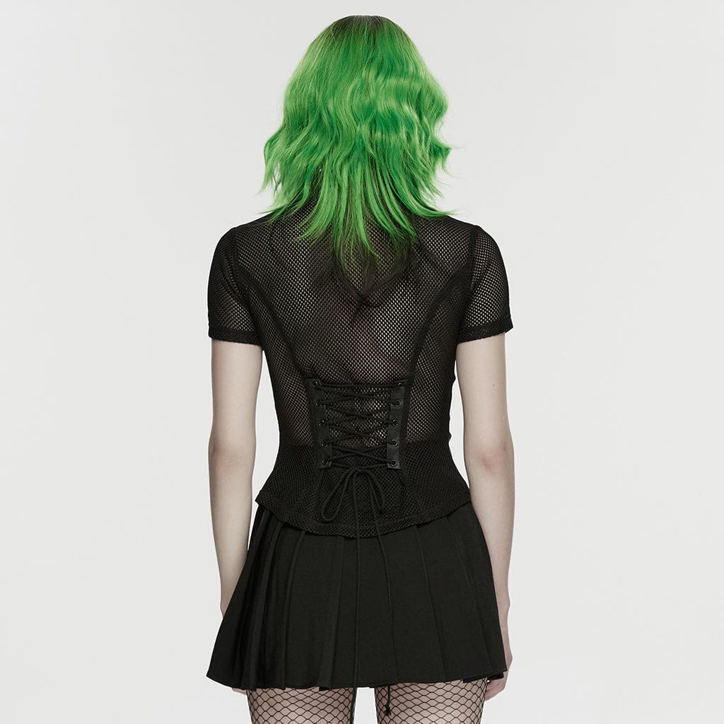 PUNK RAVE Women's Punk Lace-up Eyelet Mesh Short Sleeved Shirt