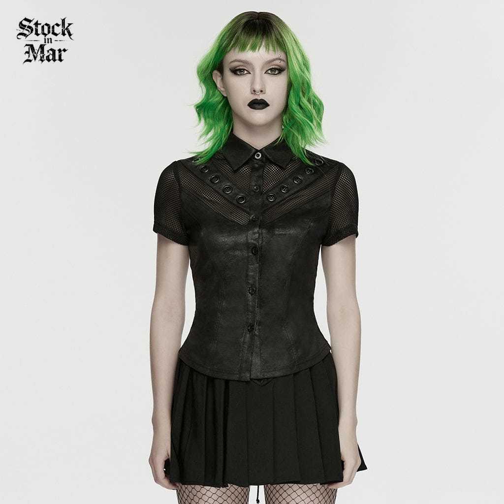 PUNK RAVE Women's Punk Lace-up Eyelet Mesh Short Sleeved Shirt