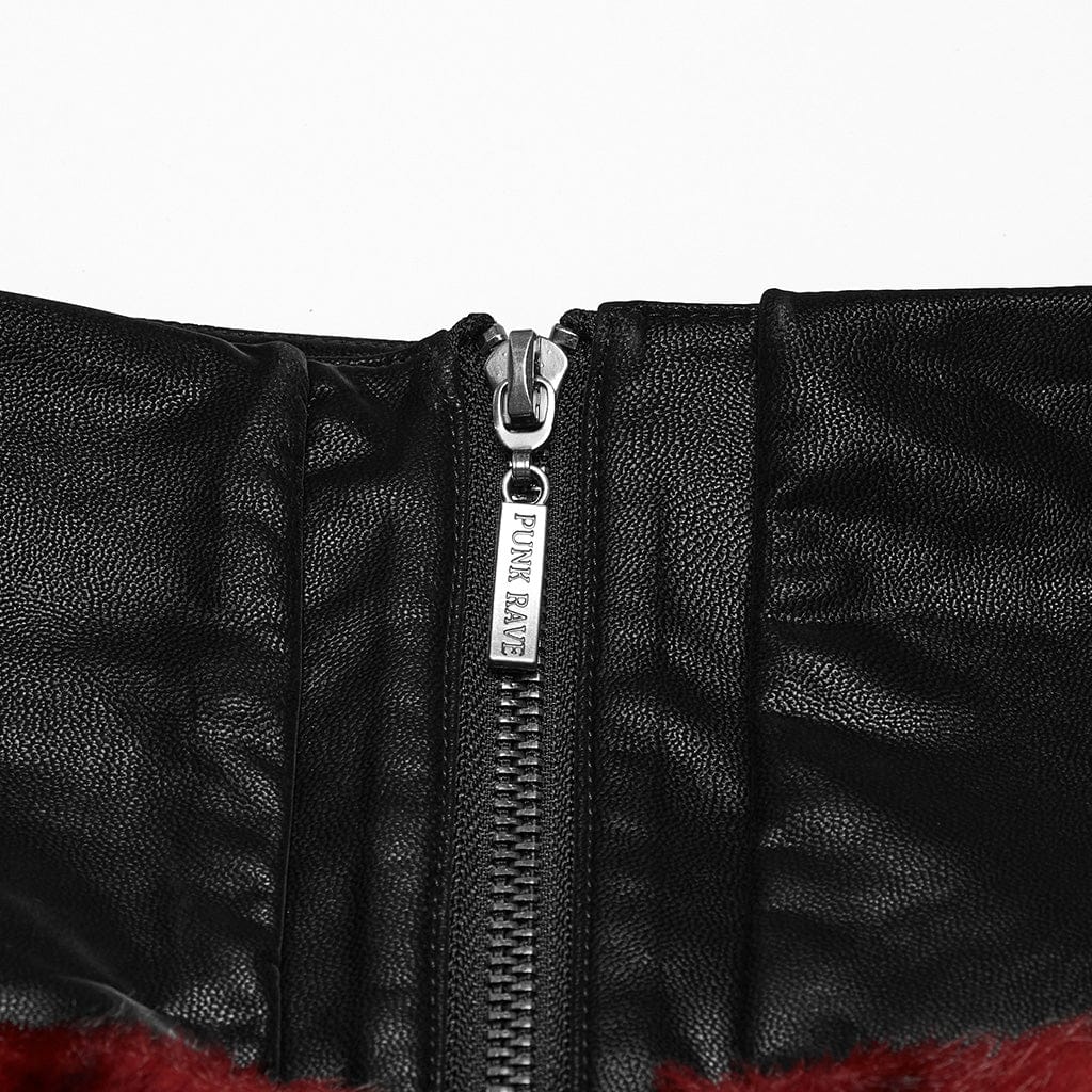 PUNK RAVE Women's Punk Lace-up Faux Fur Splice Faux Leather Skirt