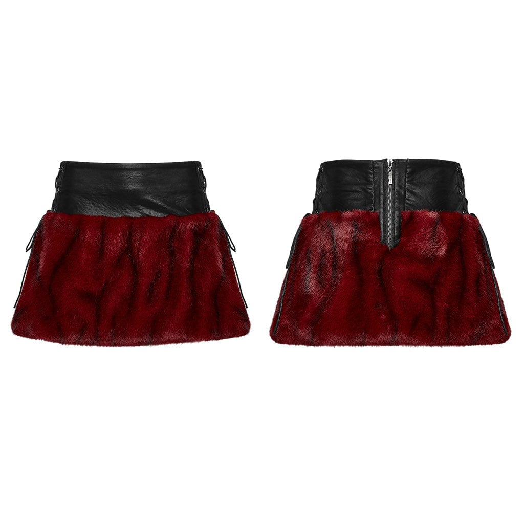 PUNK RAVE Women's Punk Lace-up Faux Fur Splice Faux Leather Skirt