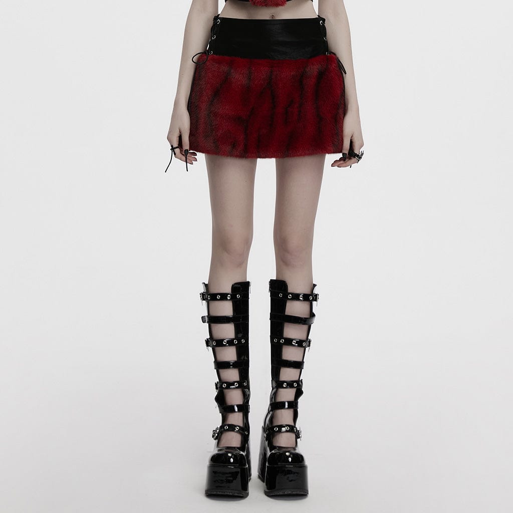 PUNK RAVE Women's Punk Lace-up Faux Fur Splice Faux Leather Skirt