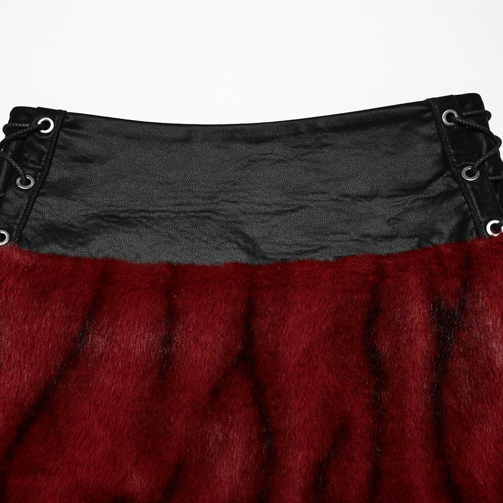 PUNK RAVE Women's Punk Lace-up Faux Fur Splice Faux Leather Skirt