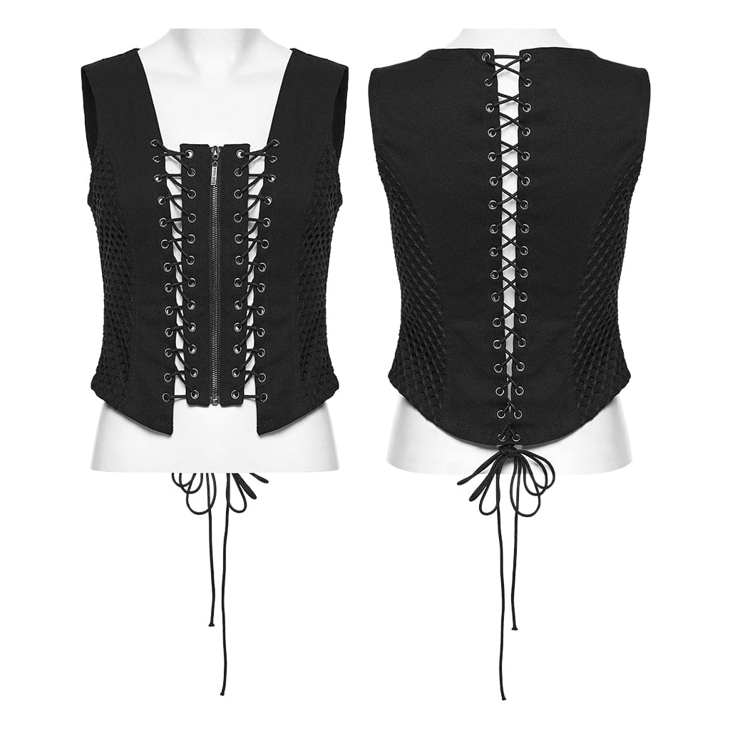PUNK RAVE Women's Punk Lace-up Hollow Tank Top