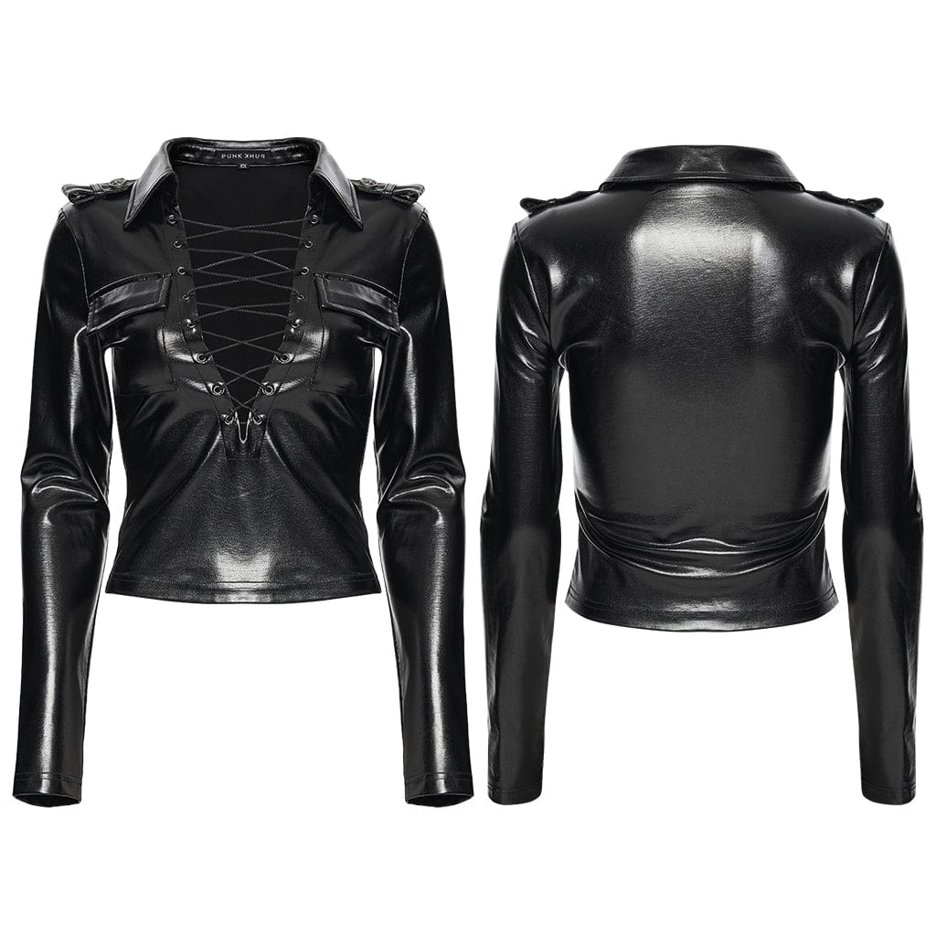 PUNK RAVE Women's Punk Lace-up Long Sleeved T-shirt