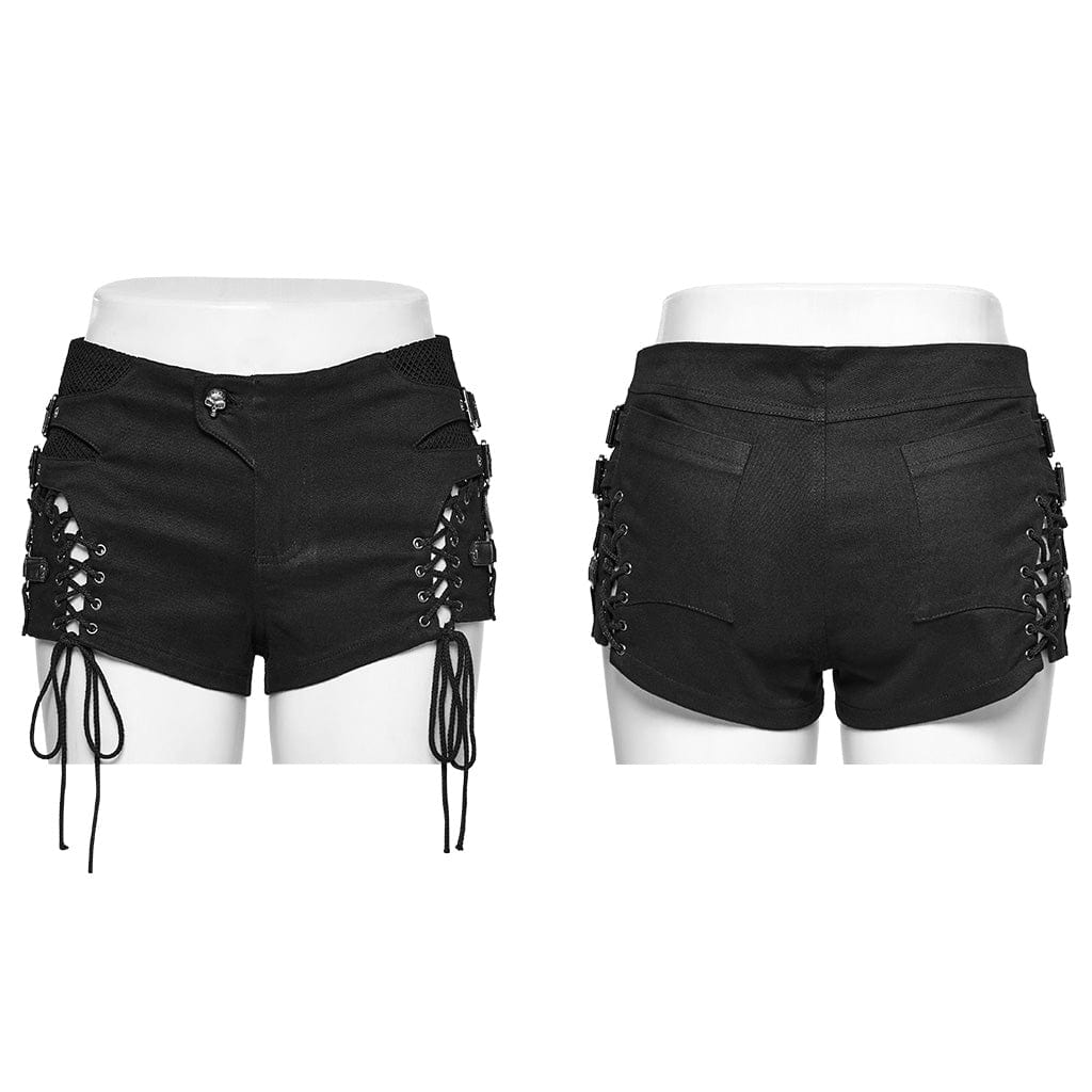PUNK RAVE Women's Punk Lace-Up Mesh Buckle Shorts