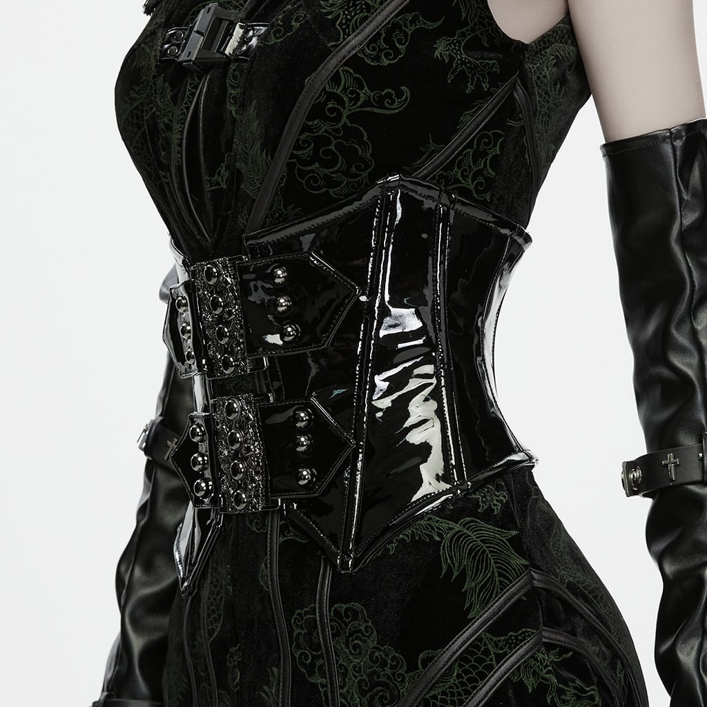 PUNK RAVE Women's Punk Lace-up Rivet Irregular Underbust Corset