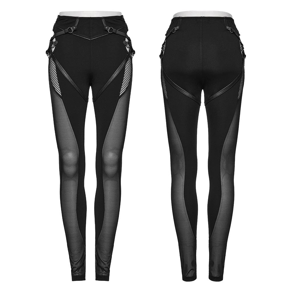 PUNK RAVE Women's Punk Mesh Cutout Lace-Up Leggings
