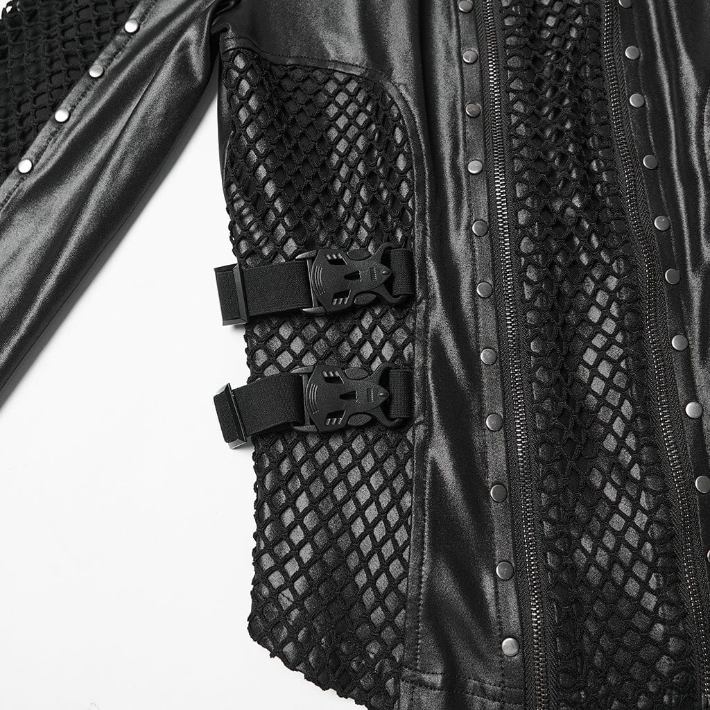 PUNK RAVE Women's Punk Mesh Splice Buckle Strap Top