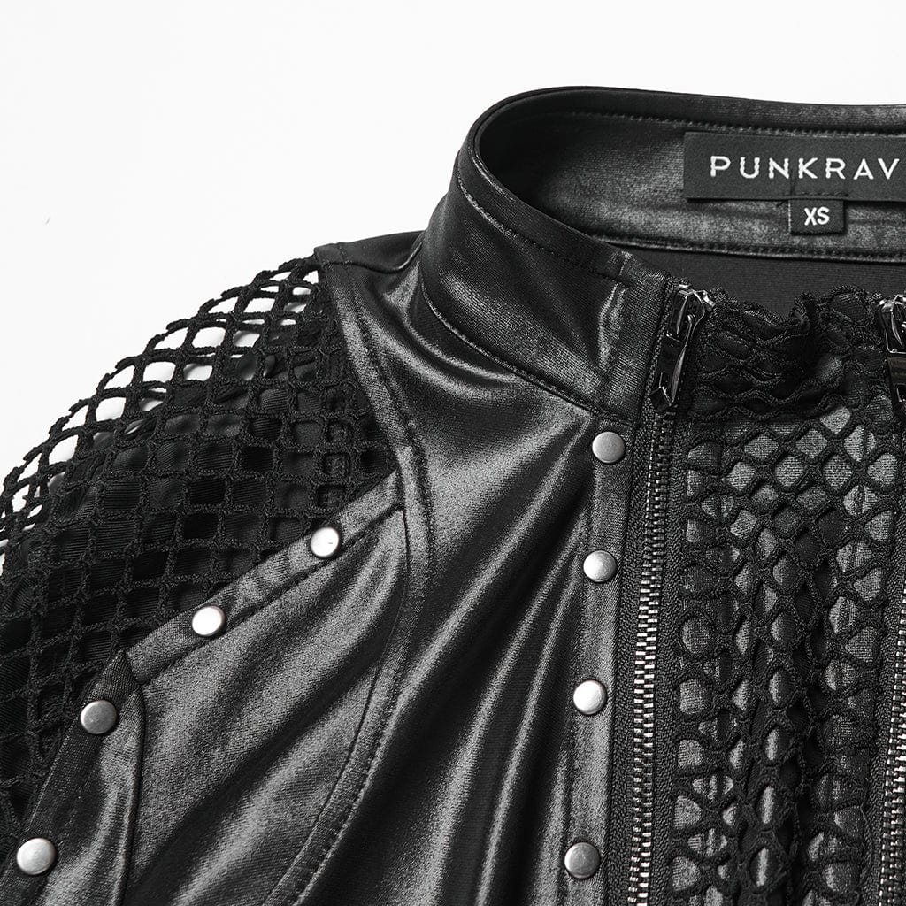 PUNK RAVE Women's Punk Mesh Splice Buckle Strap Top