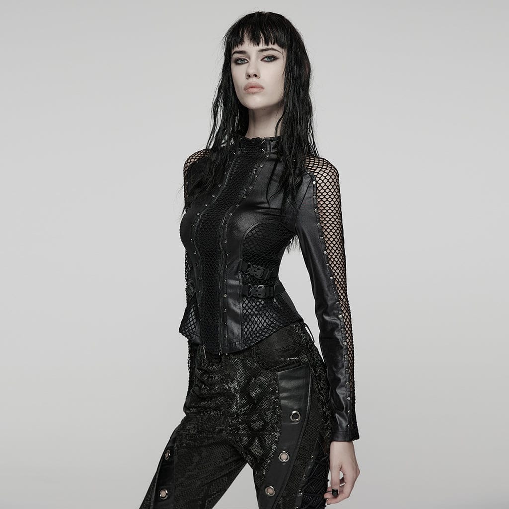 PUNK RAVE Women's Punk Mesh Splice Buckle Strap Top