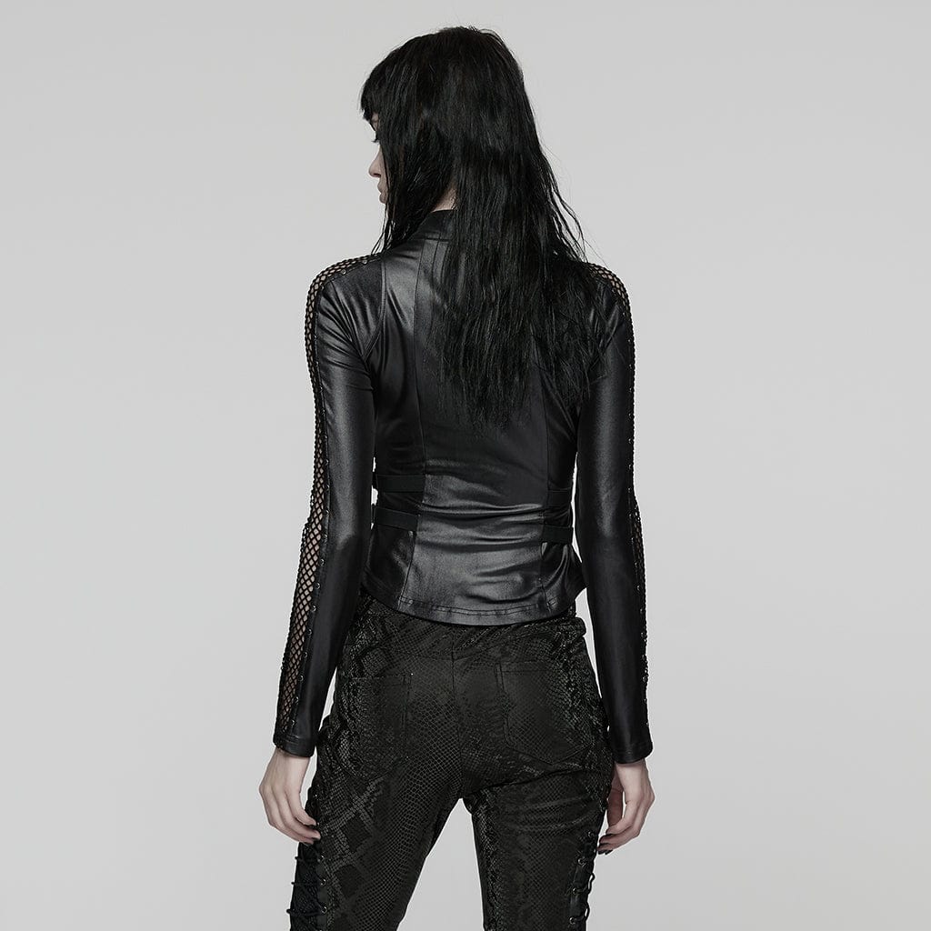 PUNK RAVE Women's Punk Mesh Splice Buckle Strap Top