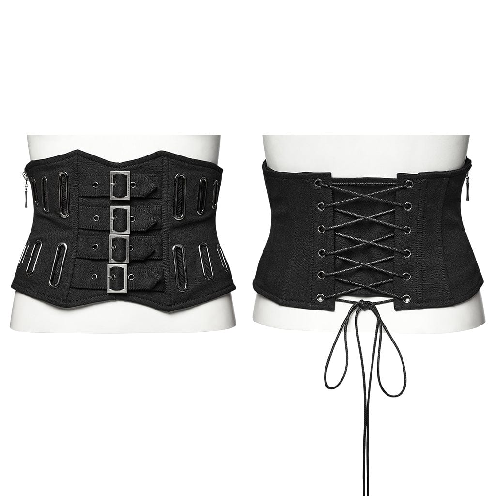 PUNK RAVE Women's Punk Mesh Splice Buckle Underbust Corset