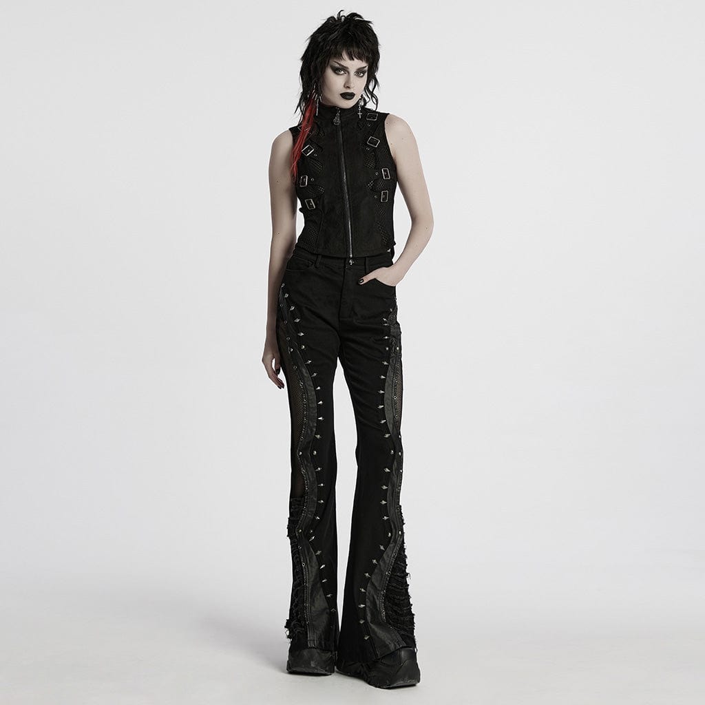 PUNK RAVE Women's Punk Mesh Splice Buckle Waistcoat