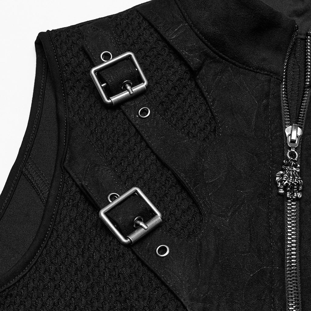 PUNK RAVE Women's Punk Mesh Splice Buckle Waistcoat