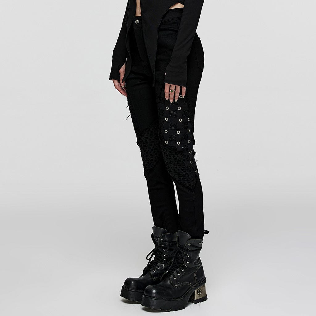 PUNK RAVE Women's Punk Mesh Splice Eyelet Pants
