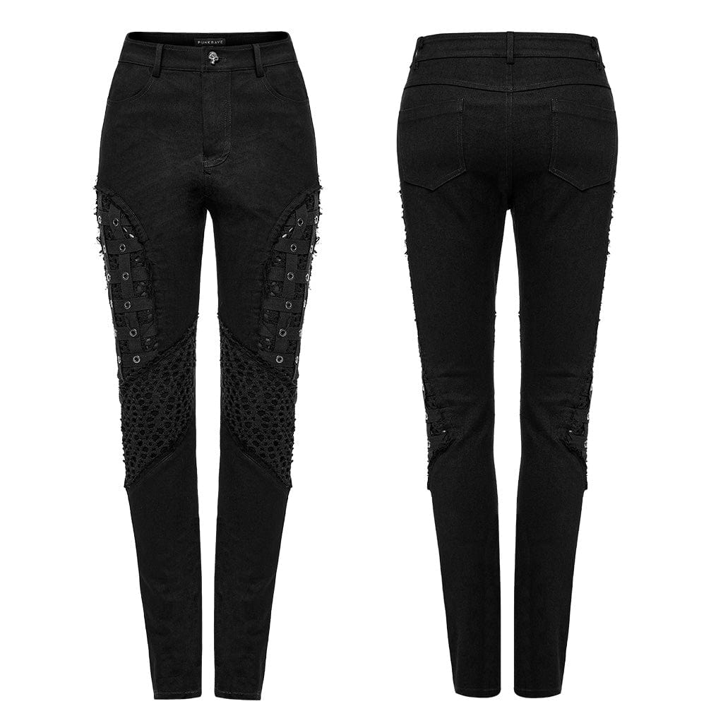 PUNK RAVE Women's Punk Mesh Splice Eyelet Pants