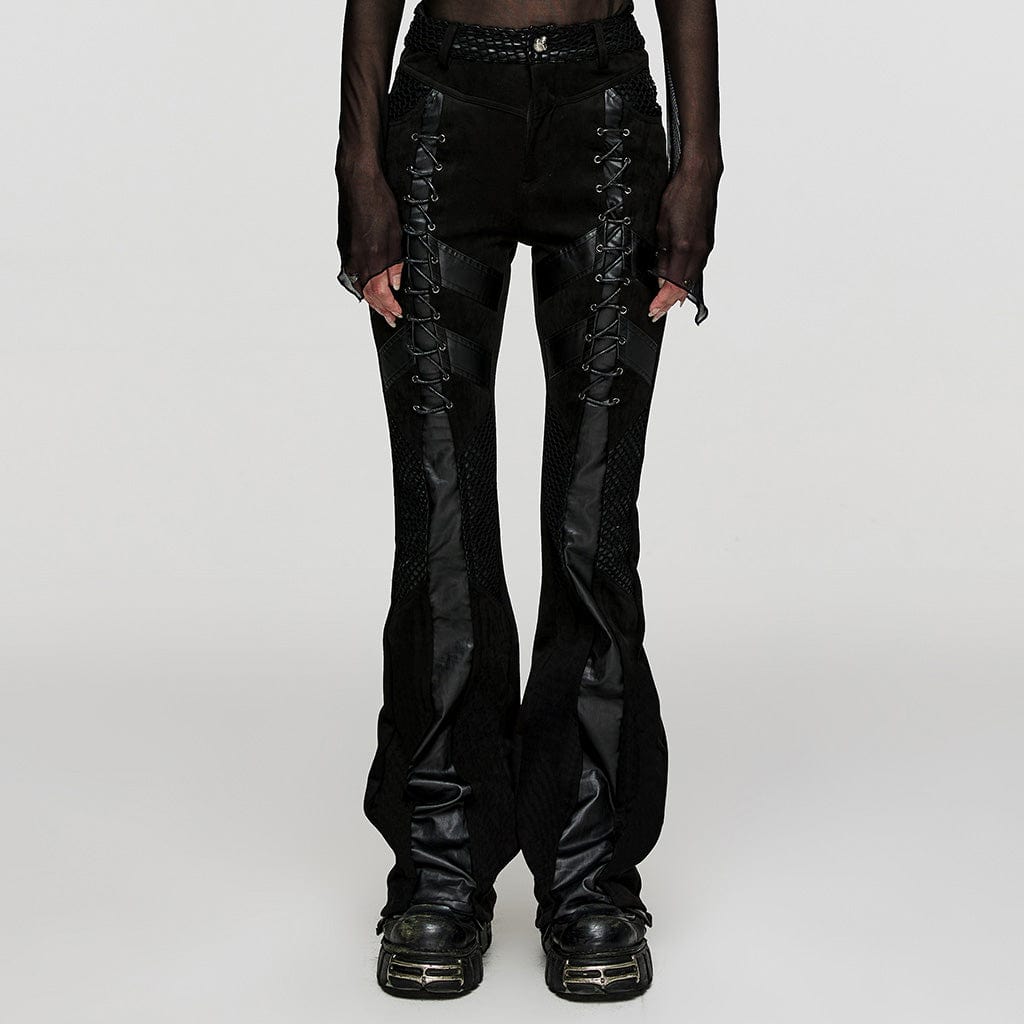 PUNK RAVE Women's Punk Mesh Splice Faux Leather Flared Pants