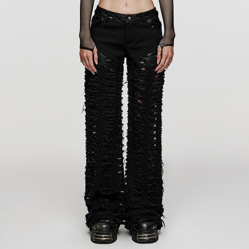 PUNK RAVE Women's Punk Mesh Splice Ripped Straight Pants