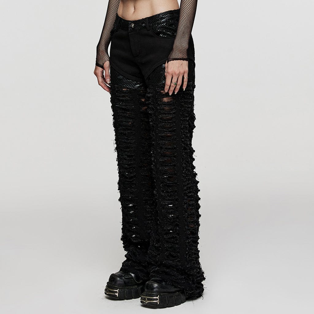 PUNK RAVE Women's Punk Mesh Splice Ripped Straight Pants