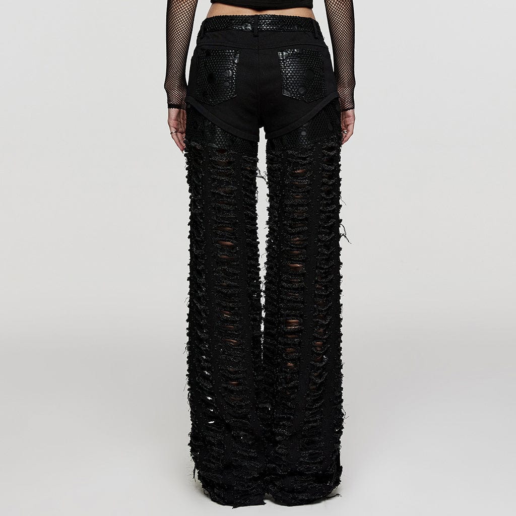 PUNK RAVE Women's Punk Mesh Splice Ripped Straight Pants