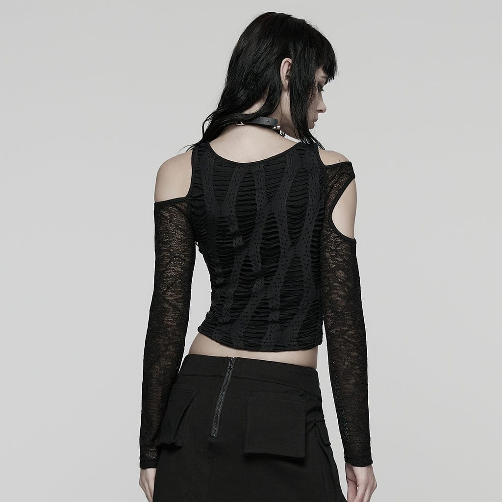 PUNK RAVE Women's Punk Mesh Splice Ruched Off-shoulder Top