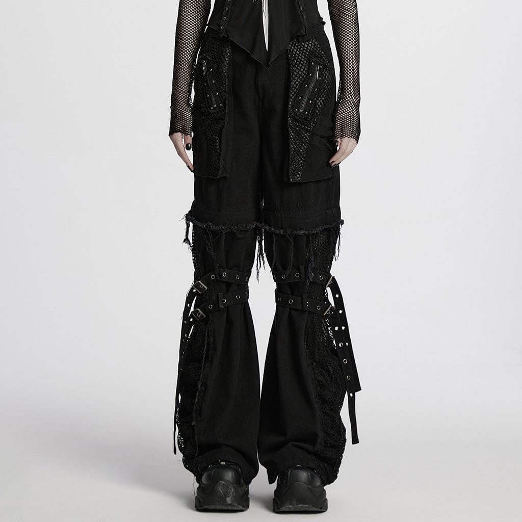PUNK RAVE Women's Punk Mesh Splice Unedged Detachable Pants