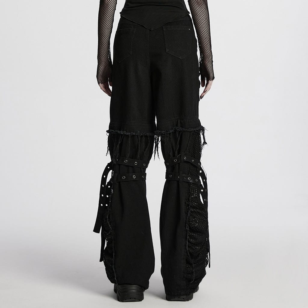 PUNK RAVE Women's Punk Mesh Splice Unedged Detachable Pants