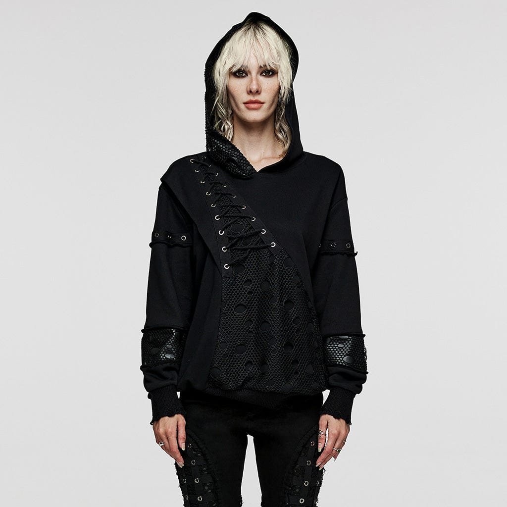 PUNK RAVE Women's Punk Mesh Splice Unedged Hoodies