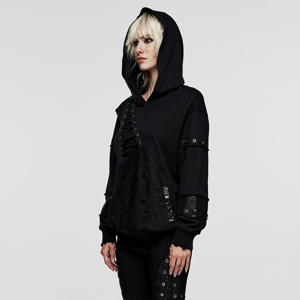 PUNK RAVE Women's Punk Mesh Splice Unedged Hoodies