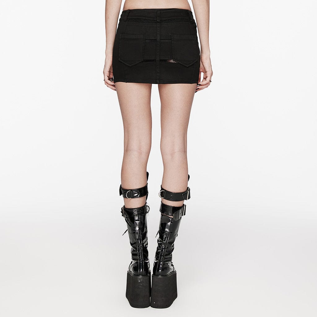PUNK RAVE Women's Punk Mesh Splice Zipper Skirt Black