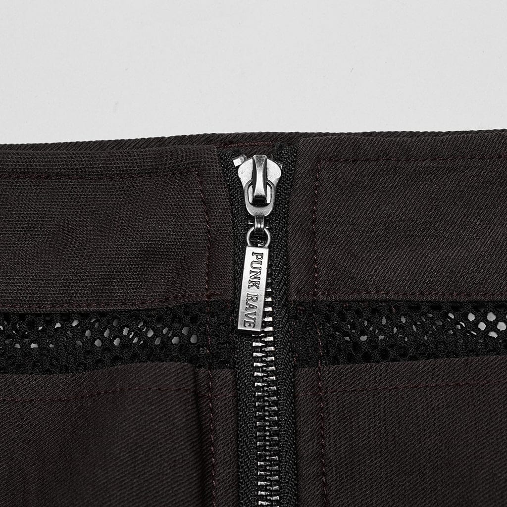 PUNK RAVE Women's Punk Mesh Splice Zipper Skirt Coffee