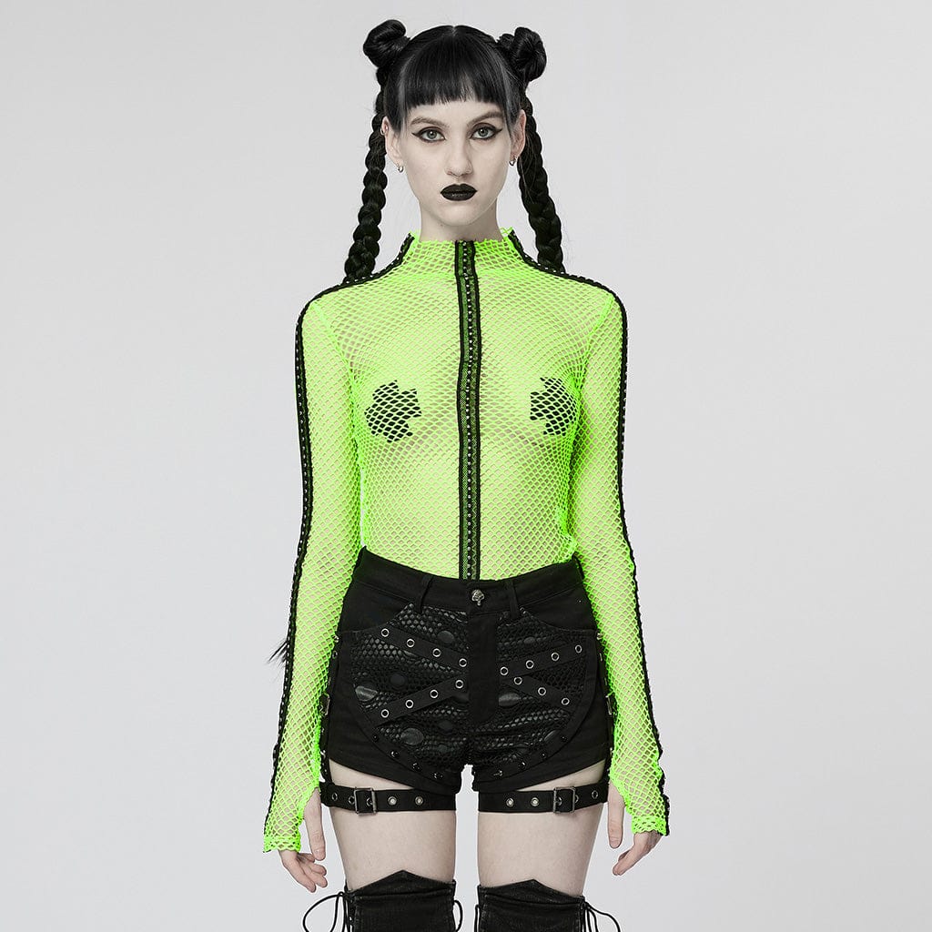 PUNK RAVE Women's Punk Nailed Sheer Mesh Top