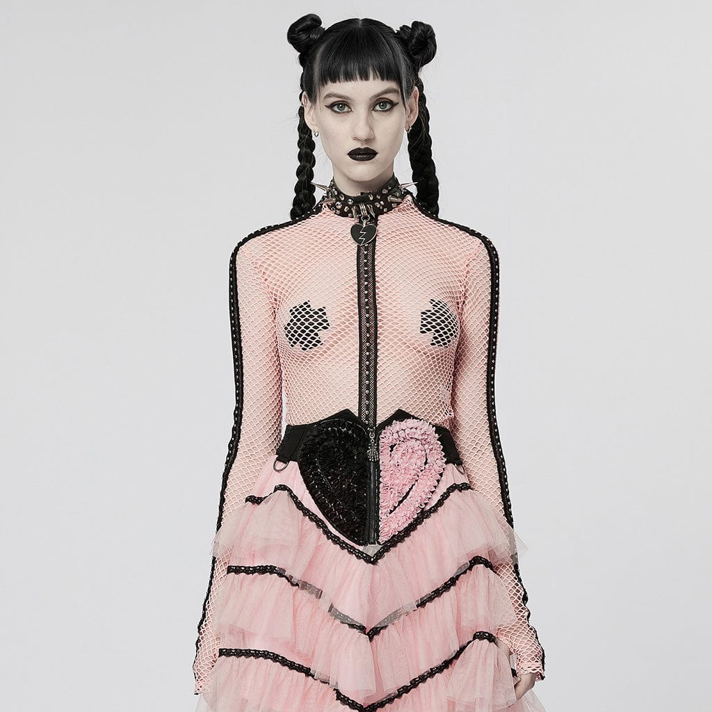 PUNK RAVE Women's Punk Nailed Sheer Mesh Top