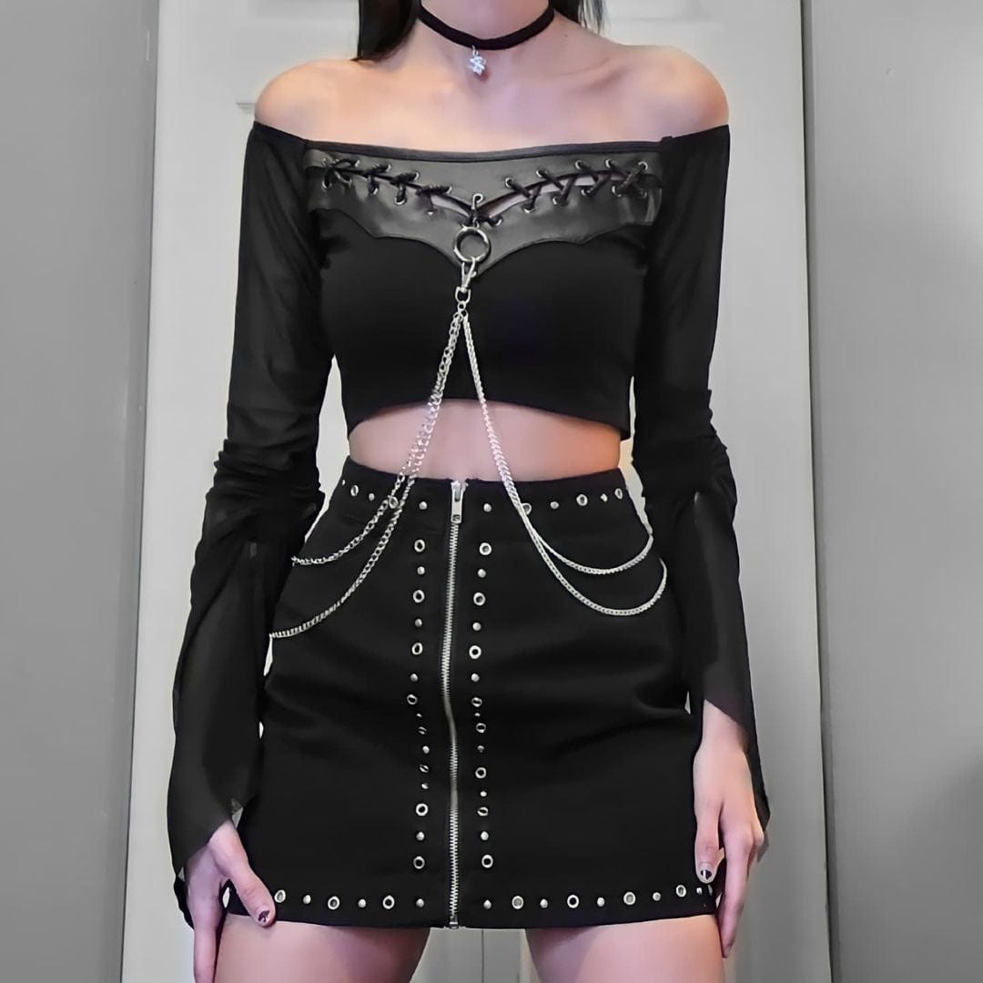 PUNK RAVE Women's Punk Off Shoulder Drawstring Mesh Top(Chain not included)