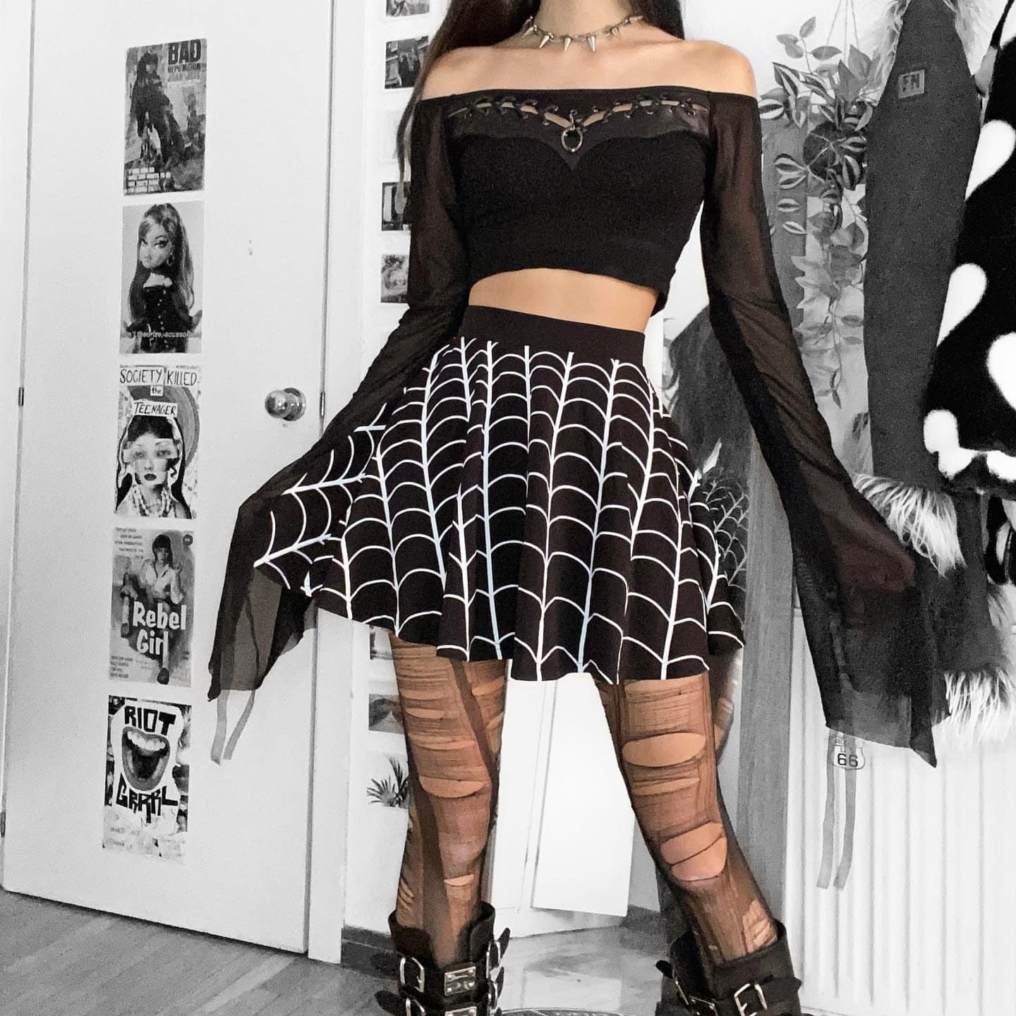 PUNK RAVE Women's Punk Off Shoulder Drawstring Mesh Top(Chain not included)