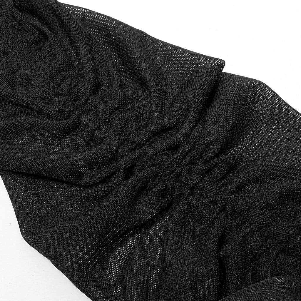 PUNK RAVE Women's Punk Off Shoulder Drawstring Mesh Top(Chain not included)