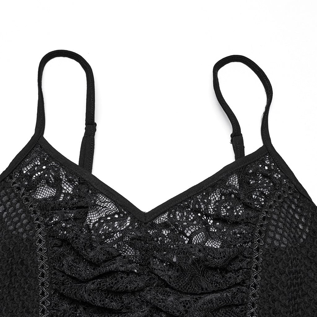 PUNK RAVE Women's Punk Plunging Lace Splice Tank Top