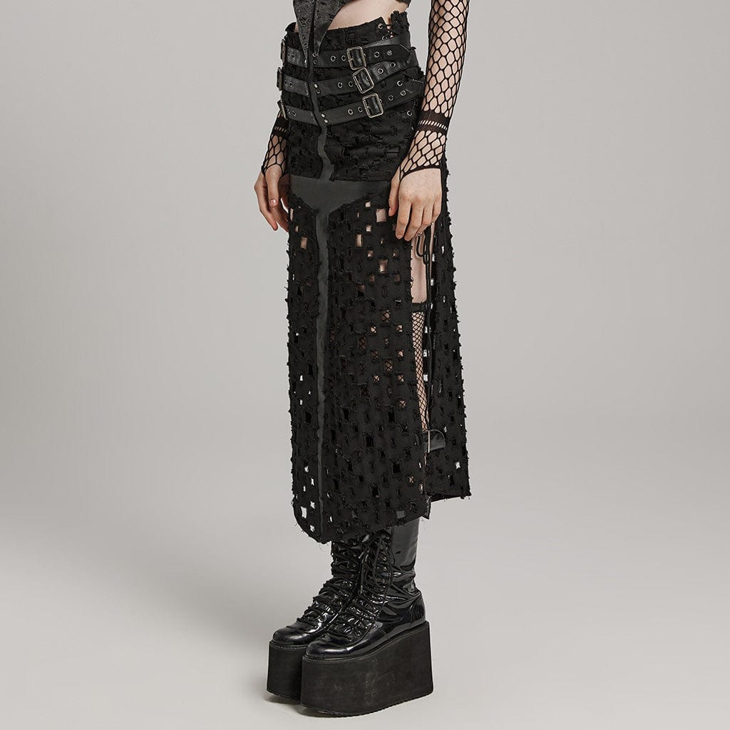 PUNK RAVE Women's Punk Ripped Buckle Lace-Up Long Skirt