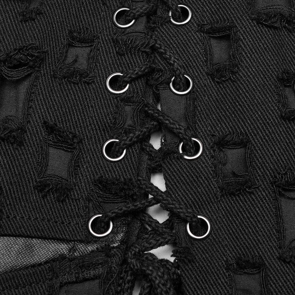 PUNK RAVE Women's Punk Ripped Buckle Lace-Up Long Skirt