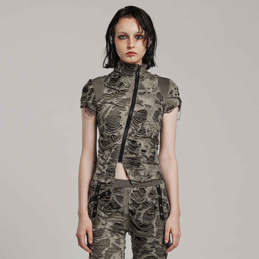 PUNK RAVE Women's Punk Ripped Distressed Short Sleeved Shirt