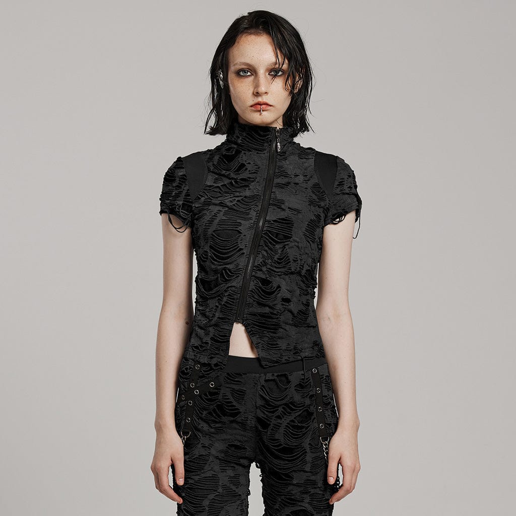 PUNK RAVE Women's Punk Ripped Distressed Short Sleeved Shirt Black