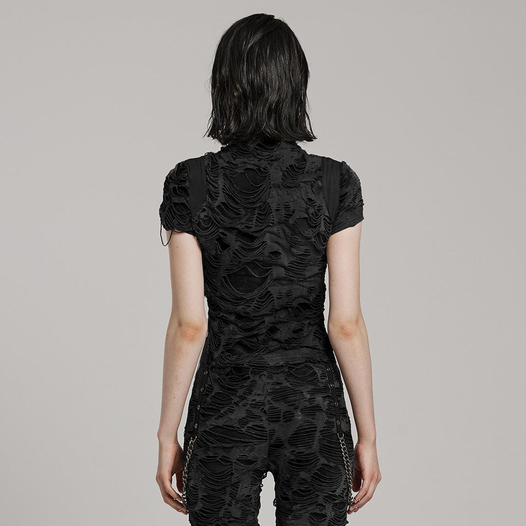 PUNK RAVE Women's Punk Ripped Distressed Short Sleeved Shirt Black