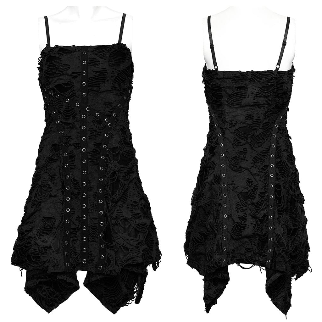 PUNK RAVE Women's Punk Ripped Eyelet Irregular Slip Dress Black