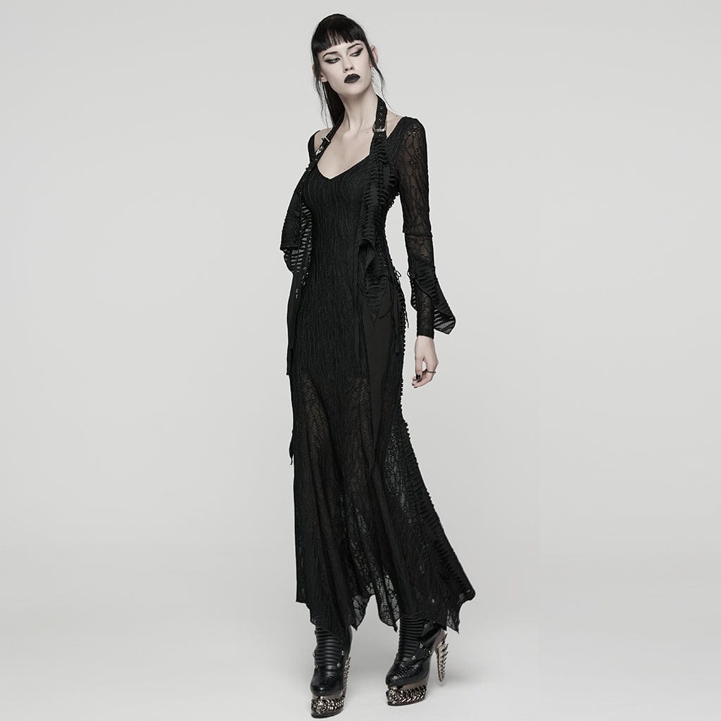 PUNK RAVE Women's Punk Ripped Lace-up Halterneck Long Sleeve Dress