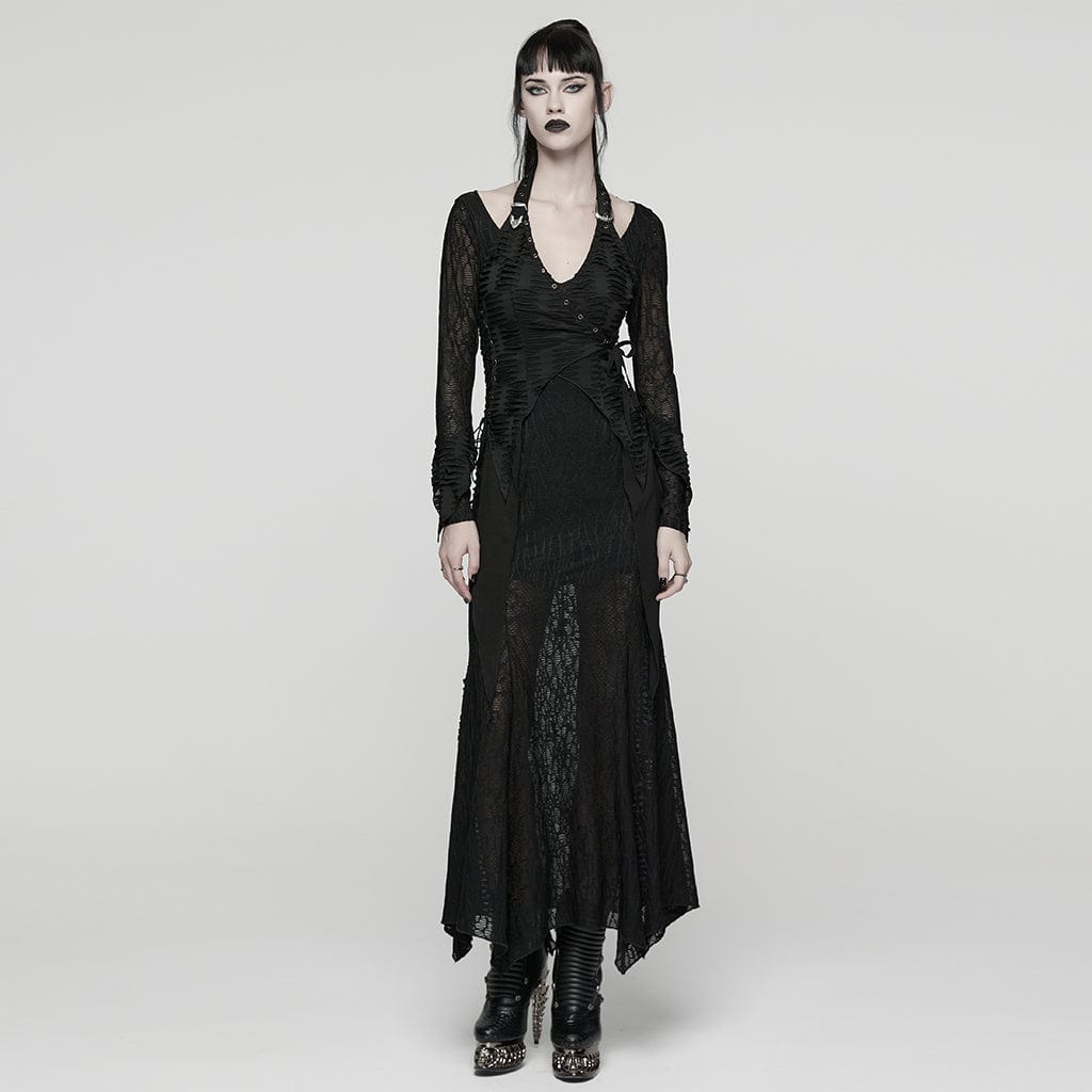 PUNK RAVE Women's Punk Ripped Lace-up Halterneck Long Sleeve Dress