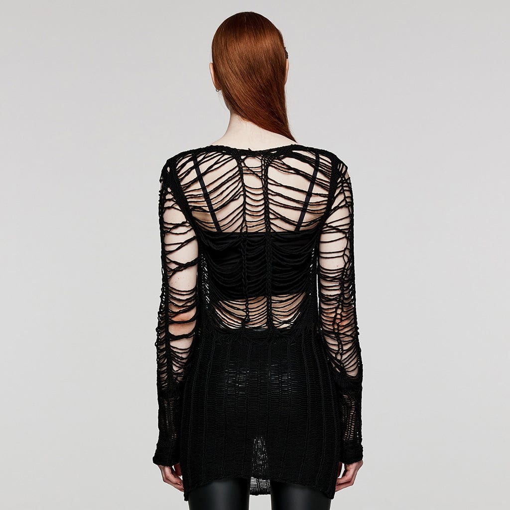 PUNK RAVE Women's Punk Ripped Sheer Knitted Long Sweater
